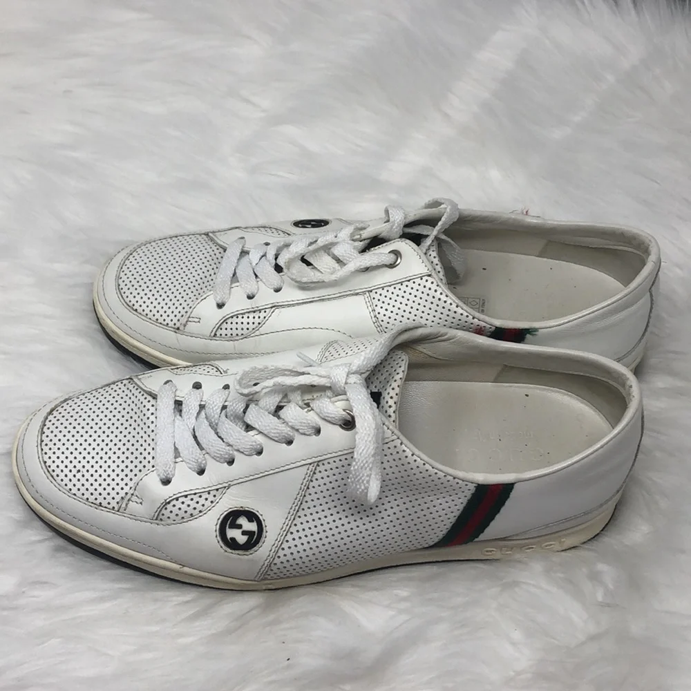 Vintage Gucci Perforated Leather Web Stripe Sneakers White Men's 7.5G US 8–8.5